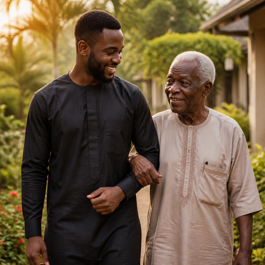 CallTolu, a young Nigerian man, walking arm in arm with an elderly man in a garden