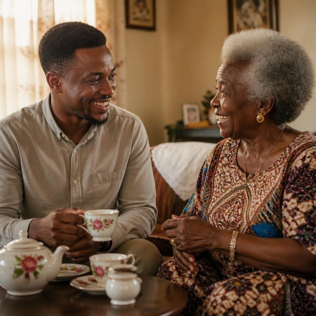 CallTolu, a young Nigerian man, laughing with an elderly Nigerian woman over tea