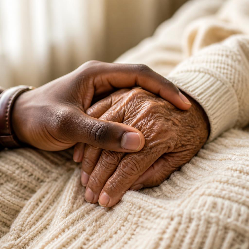 CallTolu's hand gently holding an elderly person's hand resting on a knitted blanket
